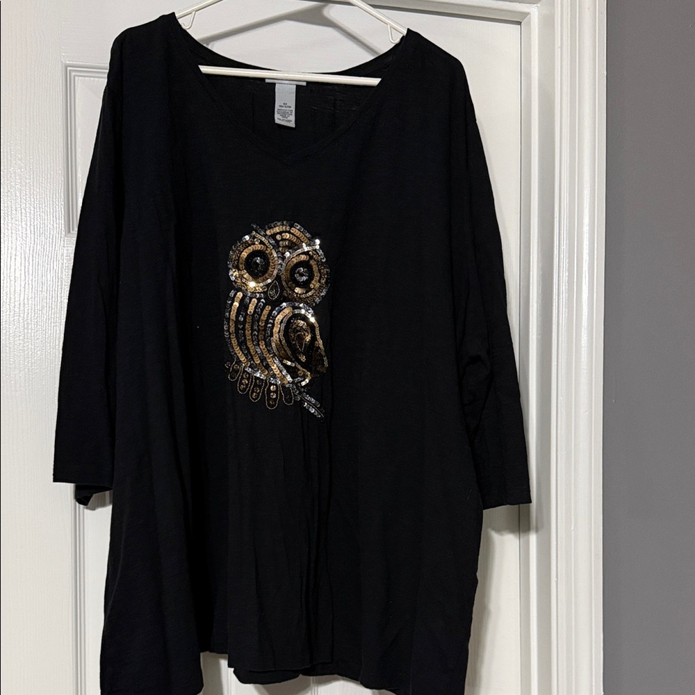 Catherines Black Long Sleeve Top with Gold Embellished Owl